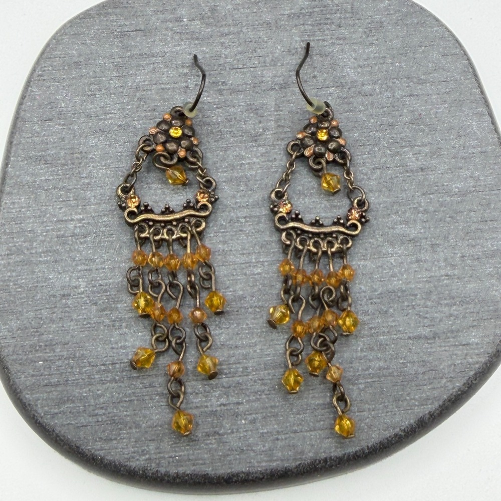 Bronze & Amber Tone Bead Chandelier Earrings Boho Floral Statement Pierced Drop